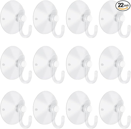 22 Pieces Small Suction Cups with Hooks 1.2 inch Clear Plastic Sucker Hooks for Glass Window Wall Festivals Parties Theme Carnival Decoration Door Bathroom Kitchen