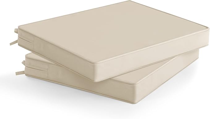 Outdoor Chair Cushions Set of 2: Waterproof & Fade Resistant Seat Cushion for Patio Furniture - 18.5 x 16 x 2 Inch Chair Pads with Ties and Hidden Zipper - Patio Chair Cushion Replacement, Beige