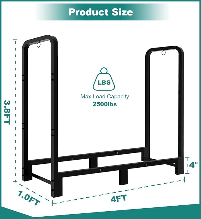 4Ft Firewood Rack Adjustable Fireplace Wood Holder for Outdoor Indoor Storage Log - Heavy Duty Fire Log Lumber Stand Stacker, Black