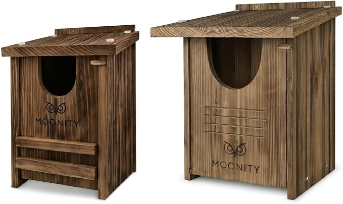 MOONITY Fire-Treated Cedar Owl House Bundle – 16"x12"x12" & 14"x9"x9" Nesting Box Set for Barn, Screech, Kestrel & More – Weatherproof, Predator-Safe & Easy to Install