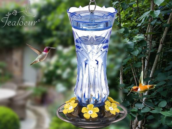 Jealoeur Hummingbird Feeder for Outdoors Hanging, 18 OZ Humming Birds Feeders with 6 Bee Guard Feeding Ports & Built-in Ant Moat, Easy to Clean, Durable Outdoor Garden Decor, Blue
