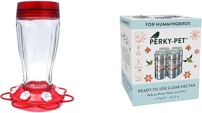 More Birds Bird Health+ Big Gulp Glass Hummingbird Feeder, 5 Feeding Stations, 40 oz + Perky-Pet 522 Ready-to-Use Clear Hummingbird Nectar in 4 Cans, 16 oz Each Recyclable Aluminum Can