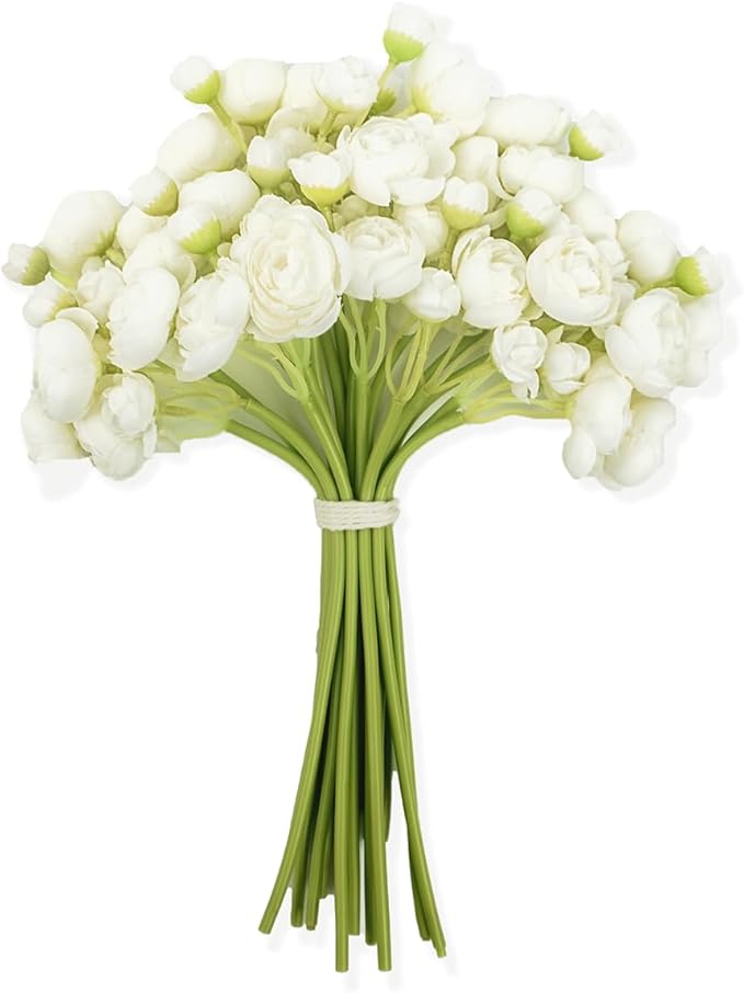 Ranunculus Artificial Flowers 18pcs, Faux Silk Mini Ranunculus Bulk Fake Wedding Filler Flowers for DIY Bouquets Centerpieces Bridal Shower Decorations Arrangements, Ivory White
