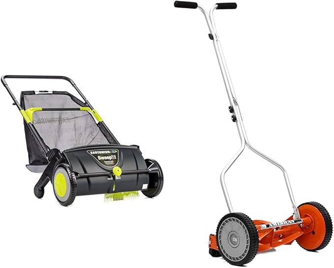 Earthwise 21" Width Leaf & Grass Push Lawn Sweeper and American 14" 4-Blade Push Reel Lawn Mower Bundle