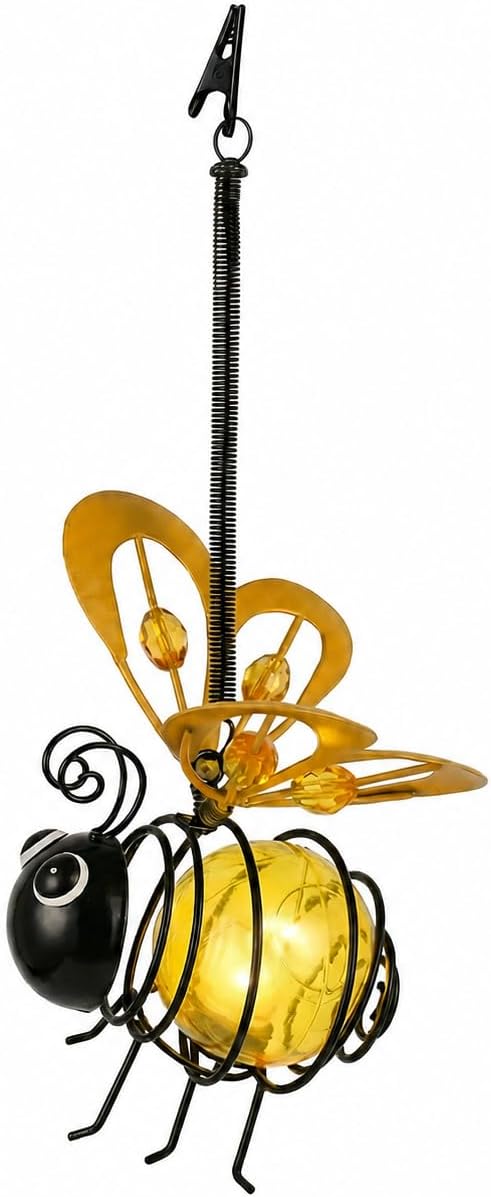 Solar Hanging Bee Light - Outdoor Metal Garden Decor with LED Glow, Yellow Body - Waterproof Solar Powered Insect Ornament for Yard, Tree, Porch, Patio - Gift for Women, Mom, Bee Lovers (1 Pack)