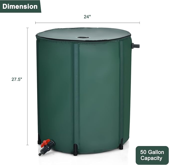 GOFLAME Rain Barrel Water Collector Portable Foldable Collapsible Tank,Spigot Filter Water Storage Container, Green (50 Gallon)