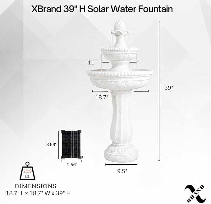 XBrand 39" 2-Tier Outdoor Freestanding Solar Water Fountain - Classic Design, White Resin Bird Bath with Pump - Ideal for Yard, Lawn and Garden, Porch Décor