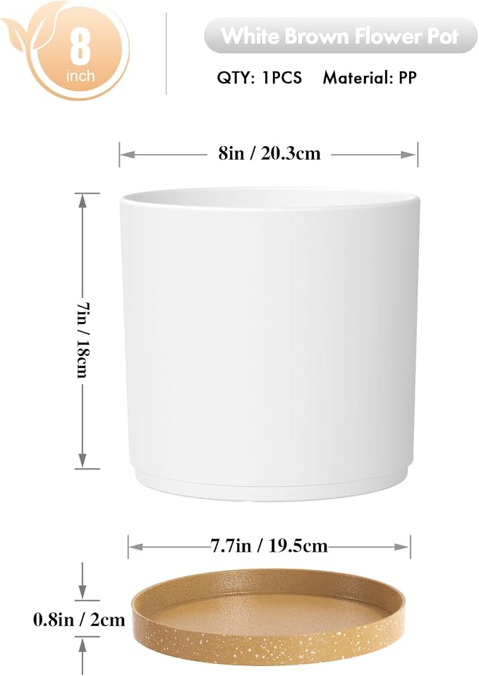 WSMKSZ 8 Inch Cylinder Flower Pots for Indoor Outdoor Plants, Medium Deep Plant Pots with Drainage Holes & Saucer, Decorative Plastic Planter Pots for Garden House Plants, White with Brown