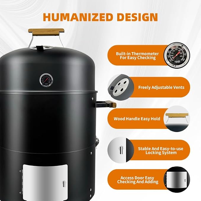17-1/2" 3-IN-1 Smoke grill Built in termometer, Air Vent and Access Doors Multi-Layer Heavy duty Smoke BBQ with 3 wooden Handles heavy duty BBQ