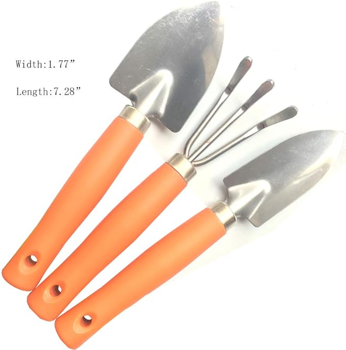 Mini Kids Garden Tool Set for Toddler with Trowel, Cultivator, Transplanter 3 Piece Mental Hand Tools (Orange)
