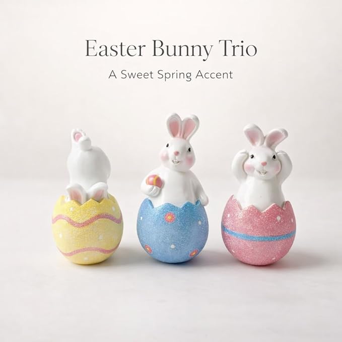 GoGnome 3-Pack Easter Decorations Resin Bunny in Cracked Egg Shell Figurines 5.1''H – Spring Tabletop & Mantel Decor, for Home (Blue/Yellow/Pink)