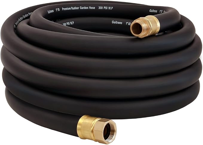 Guitrees 50FT ×1 inch Heavy Duty Rubber Garden Hose - 200psi Working, 1000psi Burst - Hot/Cold Water - Five-Layered Braiding for Durability - Versatile for Gardening, Agriculture, Construction(Black)