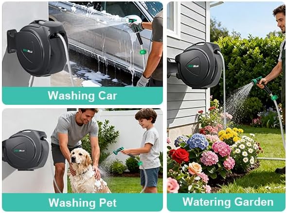 Retractable Garden Hose Reel, 65FT +6FT 5/8" Durable Wall Mounted Water Hose Reel with 180° Swivel Bracket, 9 Pattern Sprayer, 6Ft leader hose,Smooth Automatic Rewind, Any Length Lock.