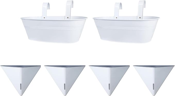 LaLaGreen Bundle- 2 Pack, 15 Inch White Metal Pot + 4 Pack, 12 Inch Geometric Self Watering Pot Modern Flower Vase Vessel Home Vertical Wall Mount Garden Window Rail Box Herb Plant Bucket Garden Decor