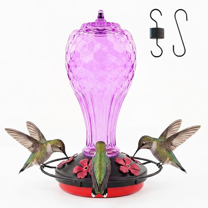 Hummingbird Feeder Colorful Blown Glass Outdoor Hummingbird Feeder with Ant Moat and 5 Feeding Ports for Outdoors Hanging Garden Decor, Bird Lovers (Purple)