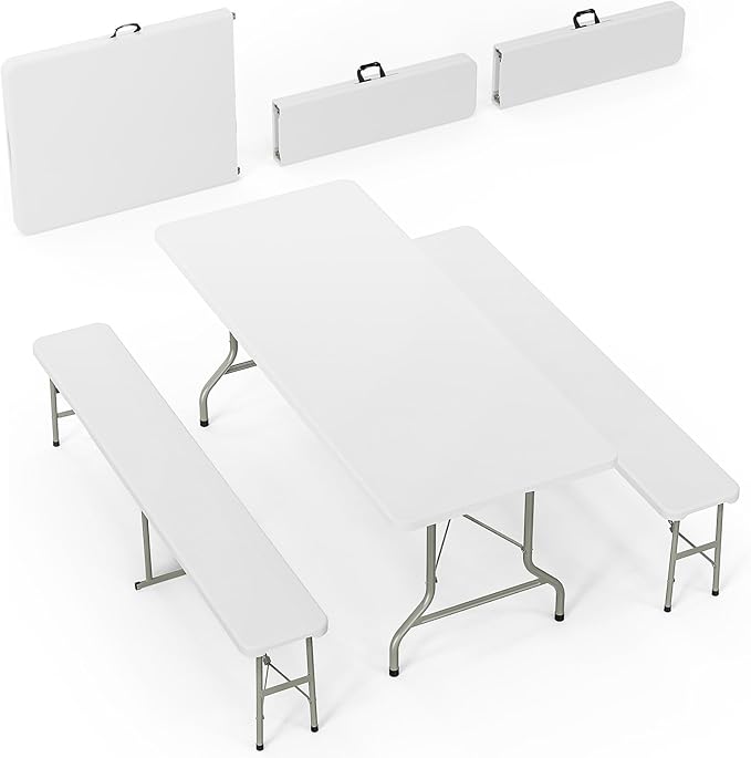 Bonnlo White Folding Picnic Table Set with 2 Benches, 6 Feet Camping Table Chair Set, Modern Portable 3-Piece Furniture for Indoor/Outdoor Use, White Folding Picnic Table with Smooth Tabletop