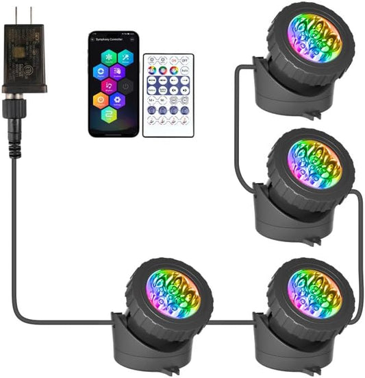 T-SUN Color Changing LED Pond Lights with Blueooth APP Control, IP68 Waterproof Submersible Underwater Pond Lights for Aquarium, Fish Tank, Pool, Garden, Yard Ponds (Set of 4)