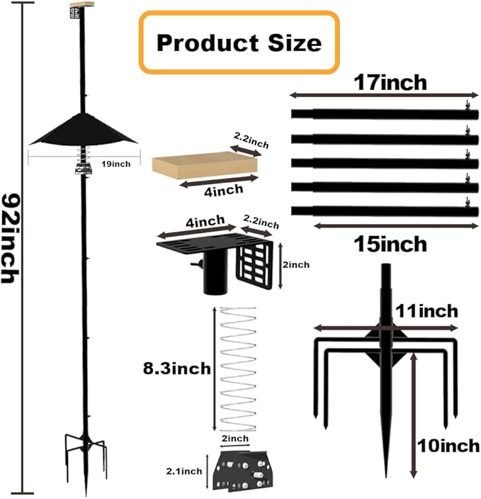 Smart Bird Feeder Pole with Metal Squirrel Baffle,92Inches Bird House Poles for Outdoors,1-Inch Dia Heavy-Duty Pole for Bird Feeder,Squirrel Proof Baffle with Stainless Steel Spring for Defense.