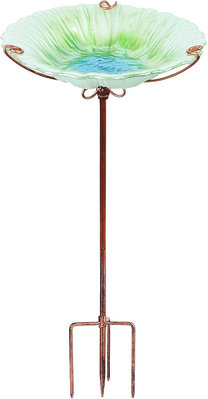 MUMTOP 26 Inch Height Glass Birdbath Birdfeeder with Metal Stake Garden Outdoor Green