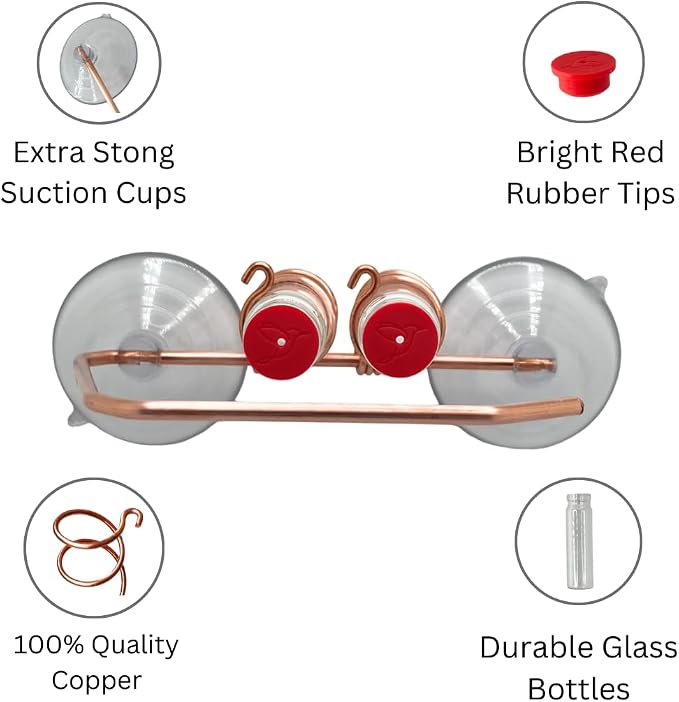 Duo Feeder | Window Hummingbird Feeder | Copper and Aluminum | Multiple Stations | Modern Hummingbird Feeder | Glass Bottles | Suction Cups (Copper, Two Station - Wide Perch)