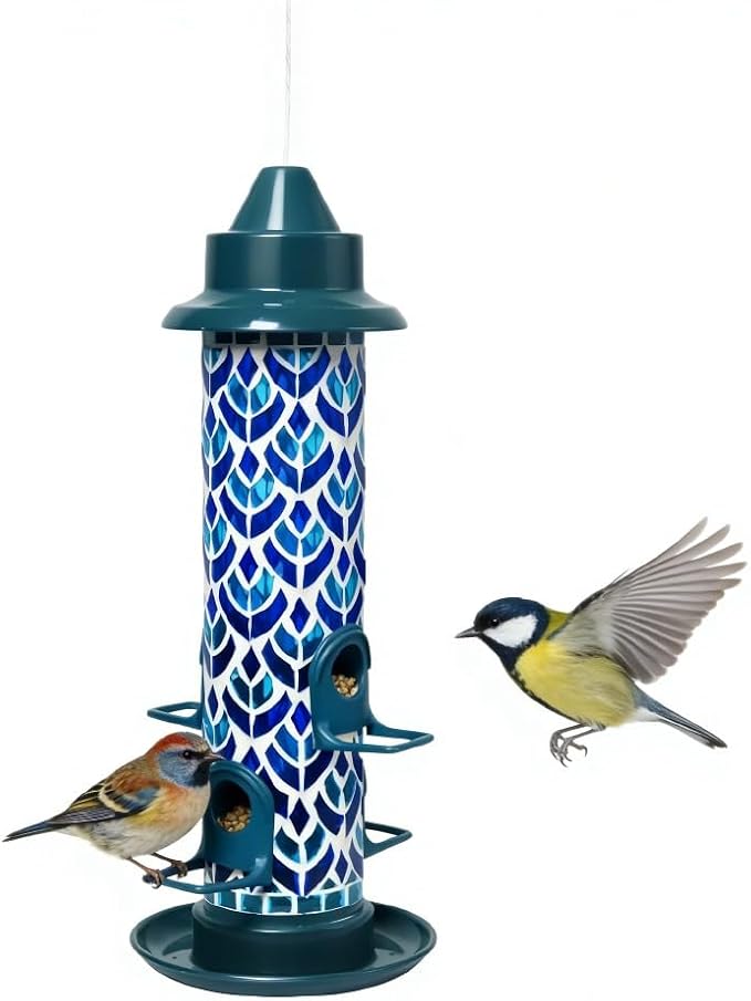 Lily's Home Blue Mosaic Tube Bird Feeder - Attracts Small Birds - 4 Feeding Ports, 3 or 4 Cups Capacity & 6'' Hanging Wire - Tube Bird Feeders for Outdoors Garden - Easy Refill - Twist-Off Cap