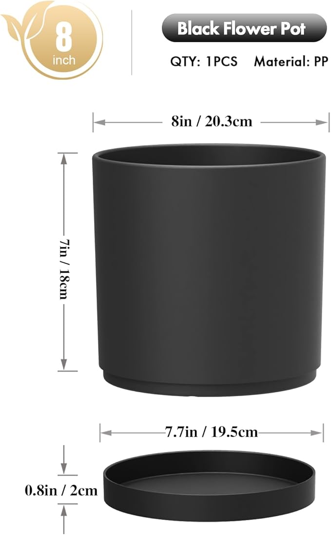WSMKSZ 8 Inch Medium Plant Pots for Indoor Outdoor Plants, Cylinder Deep Flower Pots with Drainage Holes & Saucer, Decorative Plastic Planter Pots for Garden House Plants, Black