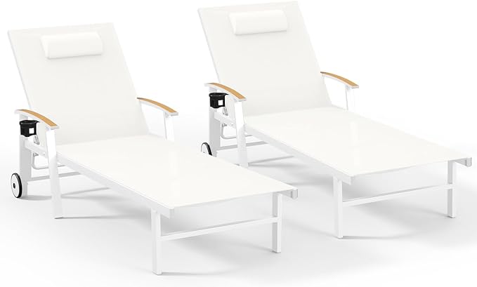 Ciokea Outdoor Lounge Chair with Pillow Set of 2, 5-Position Aluminum Chaise Lounge with Wheels & Armrests, 400 lbs Heavy Duty Patio Pool Chair for Backyard, Deck, Beach & Poolside, White