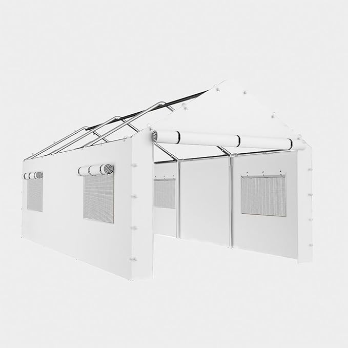 Carport Replacement Tarp Canopy, Sidewall Panel with Mesh Windows and Elastic Ball Bungees, for 10x20 FT or 12x20 FT Garage Party Tent Shelter - White, One Sidewall Panel Only