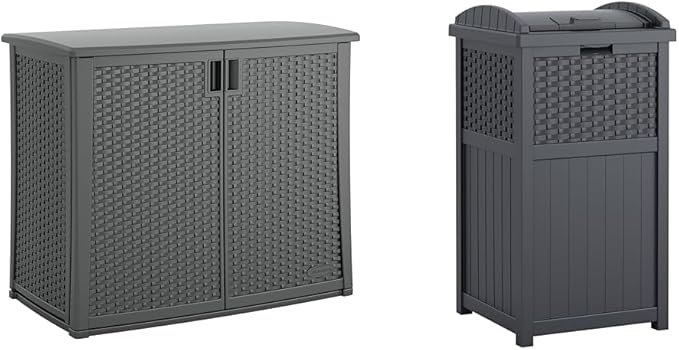 Suncast 42" W x 23" D x 35.5" H Outdoor Storage Cabinet and 33 Gallon Resin Trash Can Bundle, Cool Gray