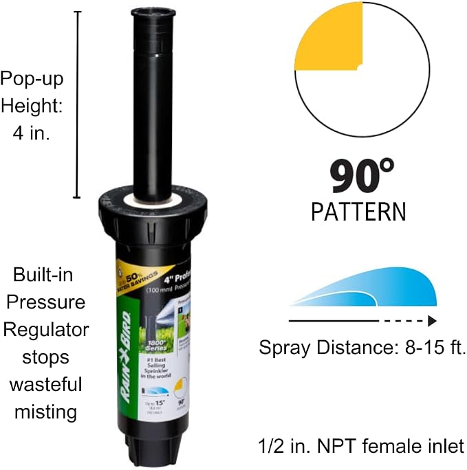 Rain Bird 1804QDSP25 Pressure Regulating (PRS) Professional Dual Spray Pop-Up Sprinkler, 90° Quarter Circle Pattern, 8' - 15' Spray Distance, 4" Pop-up Height