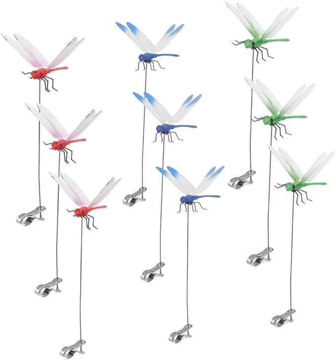 9 Pack Dragonfly Clip,3D Dragonfly Garden Stakes Decor,Fly Deterrent,Dragonfly Humming Bird Stakes,Deer and Horse Fly Deterrent,Garden Bird and Fly Scare Devices for Indoor Outdoor