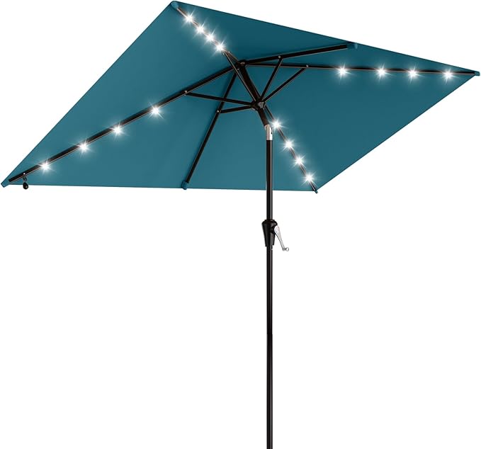 AreShark 6.5' x 10' Rectangular Patio Umbrella with Solar Lights, Solar Powered Lighted Market Umbrella w/Tilt and Crank, Outdoor Table Umbrella for Garden, Deck, Backyard, Pool and Beach, Lake Blue