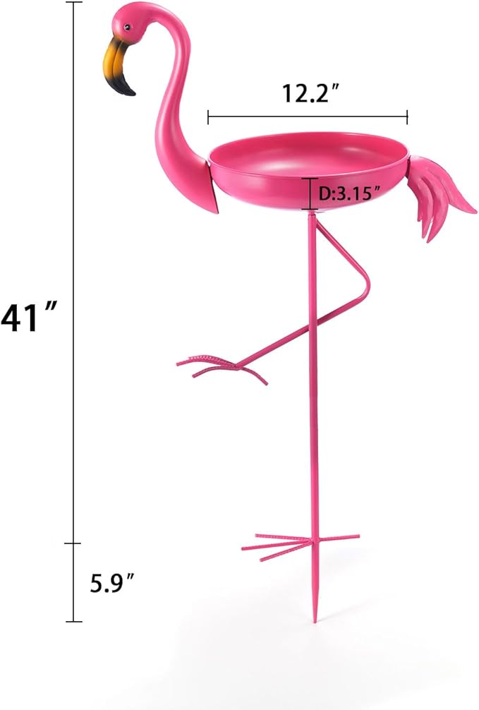 41 in Tall Flamingo Outdoor Bird Bath, Metal Bird Bath Bowl, Bird Feeder or Drinker Plate with Metal Stake, Home Garden Lawn Yard Decorations (Pink)