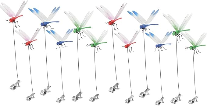 12 Pack Dragonfly Clip,3D Dragonfly Garden Stakes Decor,Fly Deterrent,Dragonfly Humming Bird Stakes,Deer and Horse,Bird and Fly Scare Devices for Indoor Outdoor Garden