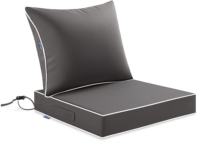 MIULEE Dark Grey Outdoor Seat Cushion 24x24 Inch Waterproof & 3 Year Fade Resistant Deep Seat and Back Cushion for Patio Furniture Chair Sofa Couch with Handle and Adjustable Straps