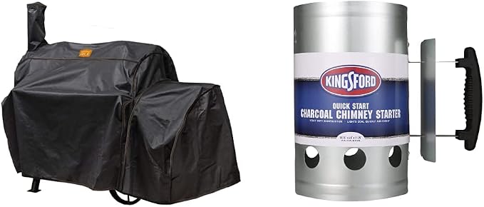 Oklahoma Joe’s Highland Offset Smoker Cover, Black & Kingsford Heavy Duty Deluxe Charcoal Chimney Starter | BBQ Chimney Starter for Charcoal Grill and Barbecues Silver
