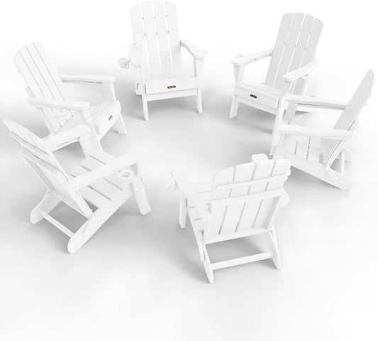 Folding Adirondack Chair Set of 6, HDPE Adirondack Chairs with 2 Cup Holder, Plastic All-Weather Fire Pit Chairs, Outdoor Lawn Chair for Patio Garden (White)