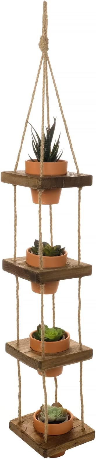 EXCELLO GLOBAL PRODUCTS Rustic 4-Tier Wooden Hanging Planter with Distressed Finish - Farmhouse Style. Comes with 4 Terracotta Pots, Ready for Hanging.