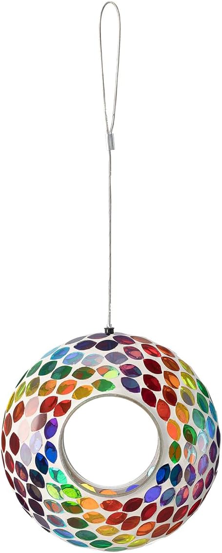 Glitzhome Hanging Glass Bird Feeder, 8" D Round Multi-Color Birdfeeder for Outside Hanging, Mosaic Wild Bird Feeder for Garden, Yard, Backyard, Deck and Porch Decorations