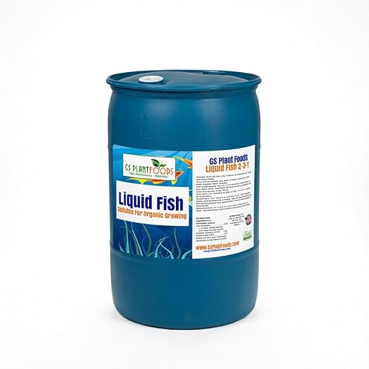 GS Plant Foods Liquid Fish Fertilizer - Organic Material Review Institute Listed (55 Gallons) – Natural Hydrolyzed Fish Fertilizer for Gardens, Lawns & Container Growing