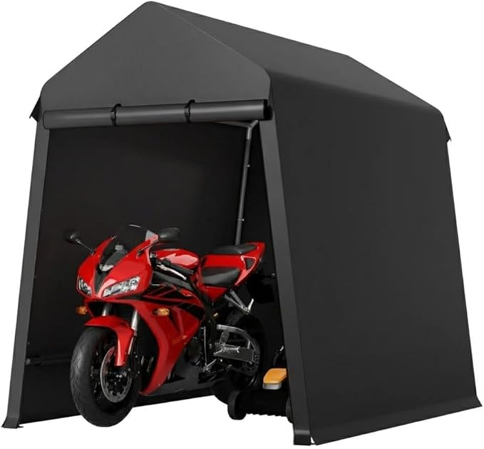 CABIHOME 7X12Ft Motorcycle Carport, Portable Outdoor Storage Shed Tent, Heavy-Duty Carport with Rolled Up Zipper Door & Vent, Waterproof & UV Resistant, for Motorcycle, Bike, Lawn Mower, Tool (Black)