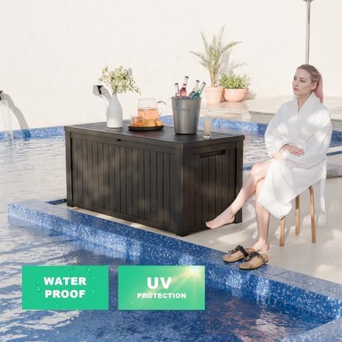 180 Gallon Deck Box, Waterproof Resin Rattan Outdoor Storage Box with Lockable Lid, Fade Resistant Patio Storage Box for Garden Tools, Pool Accessories, Outdoor Cushions, Black