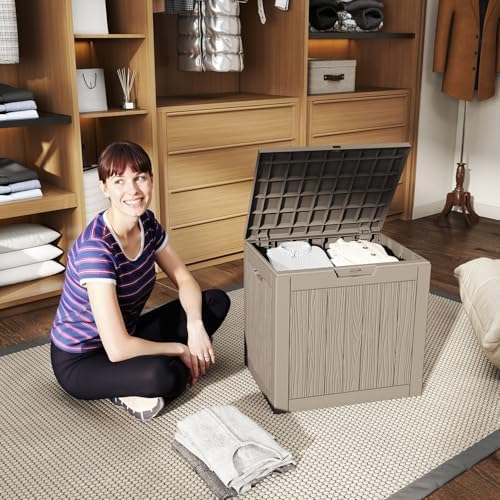30 Gallon Deck Box, Waterproof Resin Outdoor Storage Box with Lockable Lid, Patio Storage Box with Fade Resistant for Patio Furniture Cushions, Pool Accessories, Garden Tools, Light Coffee