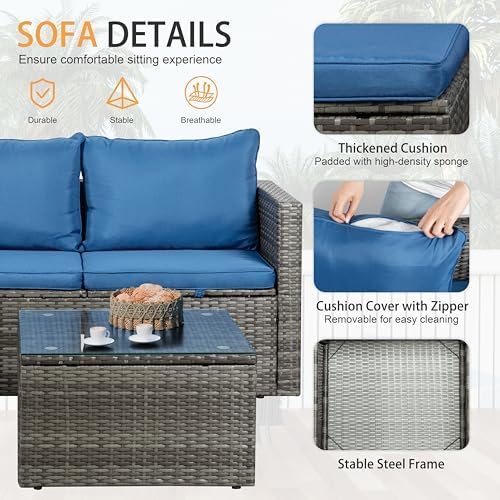 Shintenchi 4 Pieces Patio Furniture Sets, Outdoor Sofa Patio Sectional Sets All Weather, Wicker Rattan Seating Sofa Couch withwith Cushions & Coffee Table for Yard, Garden, Porch, Poolside (Blue)