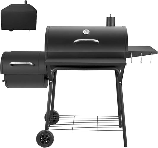 Kendane Barrel Charcoal Grill with offset smoker, 714 Square Inches Cooking Area, Outdoor BBQ Grill with Front and Side Shelf, Perfect for Backyard, Patio Parties and Picnics