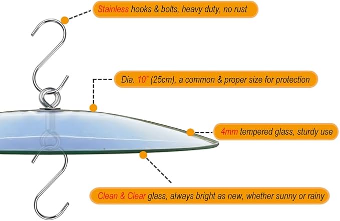 2PC X 10" Glass Rain Cover for Wild Bird Feeder Outdoors - Weather Guard S Hook Hanging - Protective Dome Baffle - Clear (Dia. 25CM)