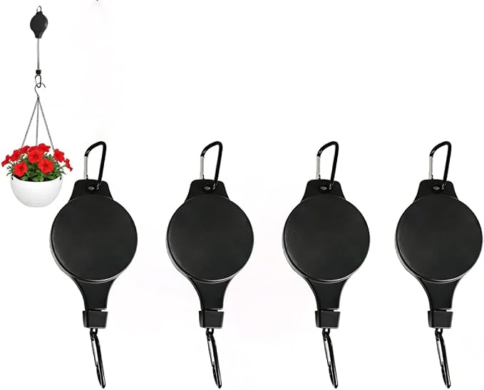 4PCS Retractable Plant Hanger, Upgraded Plant Pulleys for Hanging Plants, Easy to Raise & Lower, Heavy Duty Fit for Garden Flower Pots, Hanging Planters, Bird Feeders Indoor Outdoor (Black-4PCS)
