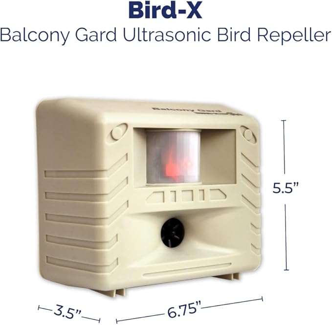 Bird-X Balcony Gard,Ultrasonic Bird Preventer,Outdoor Bird Decoy with Motion-Sensor,Easy to Install,Covers up to 900 sq. ft.,15-to 25 kHz Frequency,6.75" x 5.5" x 3.5",(Pack of 12)