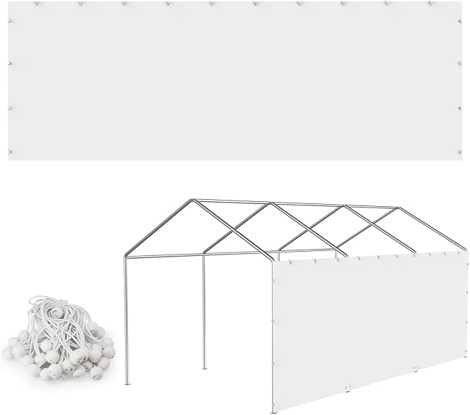 Carport Replacement Canopy Sidewall 20x6.6FT Fits 10x20,12x20,13x20,20x20FT Carport, Waterproof & UV Protected, with Ball Bungees (Only Sidewall, Frame Not Include) (White, Sidewall 1 Pack)