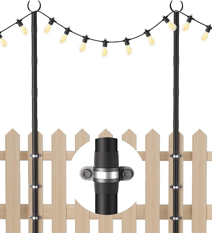 10Ft String Light Poles for Fence & Deck Railing, Outdoor Light Stand with Fence Brackets, Heavy-Duty Metal Poles for Backyard, Garden & Patio Party Lighting, Rustproof & Adjustable